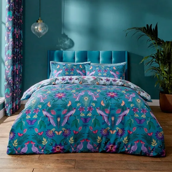Catherine Lansfield Mya Tropical Floral Duck Egg Blue Duvet Cover and Pillowcase Set 2