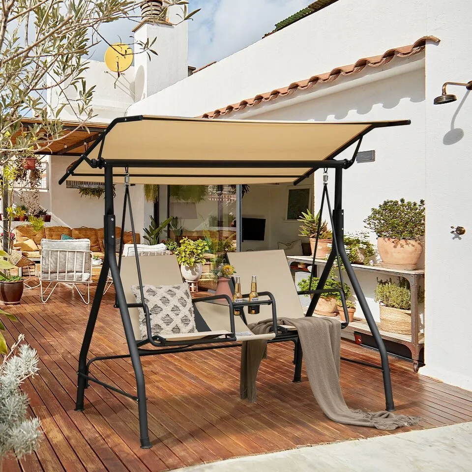 Costway 2 Person Outdoor Patio Swing Patio Loveseat Swing with Adjustable Canopy in Beige 3
