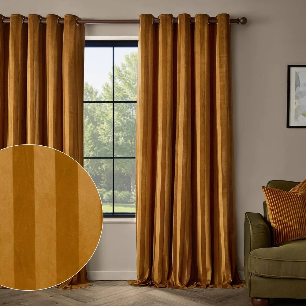 Paoletti Regency Stripe Velvet Fully Lined Eyelet Curtain Pair in Gold 1