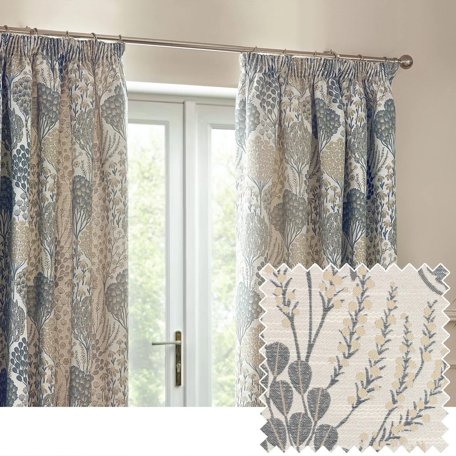 Wylder Ophelia Floral Room Darkening Pencil Pleat Curtain Pair in Mid Blue 1