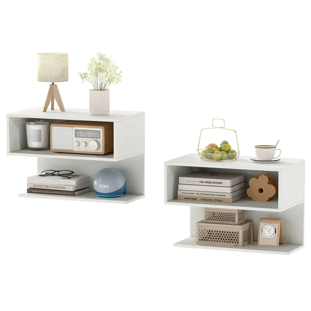 Costway Set of 2 Wall Mounted Bedside Tables Hanging Side Table in White