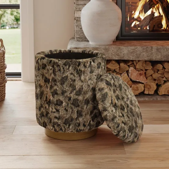 Leopard Print Faux Fur Round Storage Footstool 2