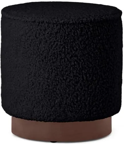 Hetherington Pouffe, Small, Black Faux Sheepskin & Dark Stain Wood