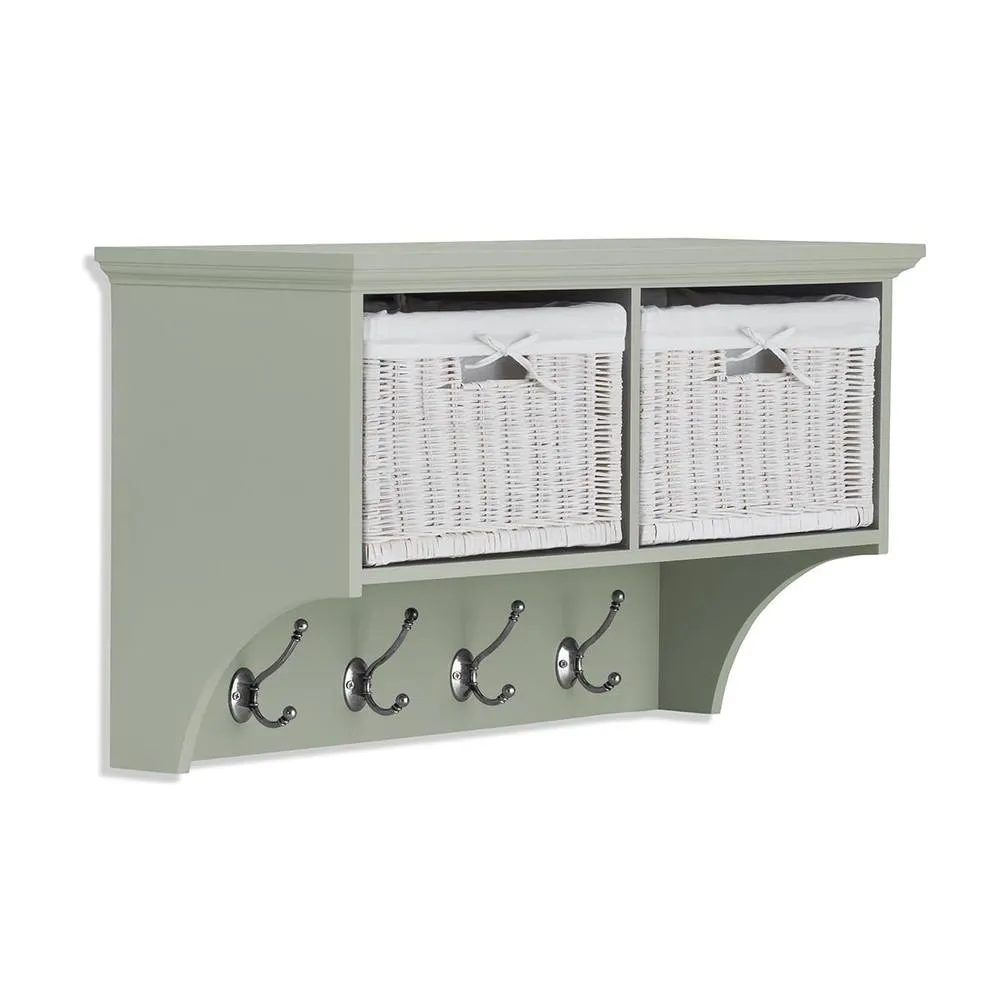 Statement Furniture Tetbury Small Hallway Coat Rack / Shelf with Wicker Storage Baskets in Light Green