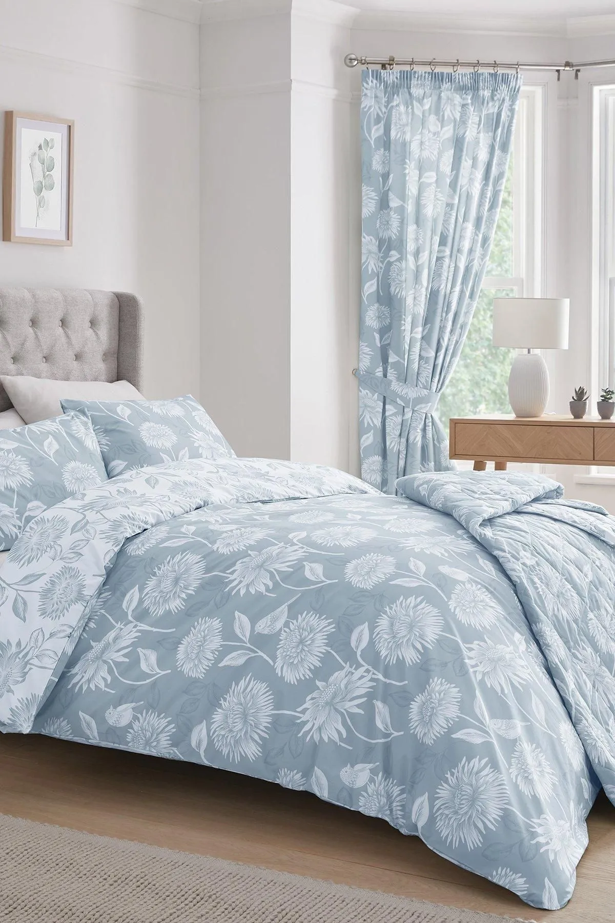 Dreams & Drapes 'Chrysanthemum' Floral Print Lined Pair of Pencil Pleat Curtains With Tie-Backs in Blue 3
