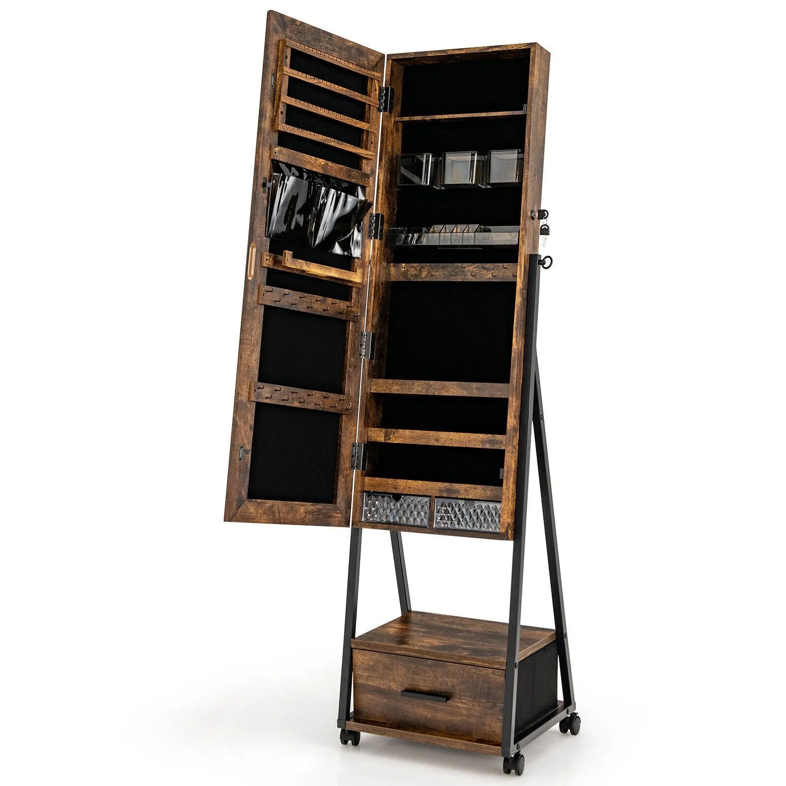 Costway Mobile Mirror Jewelry Cabinet Standing Makeup Organizer Jewelry Armoire w/ Lockable Door in Brown 4