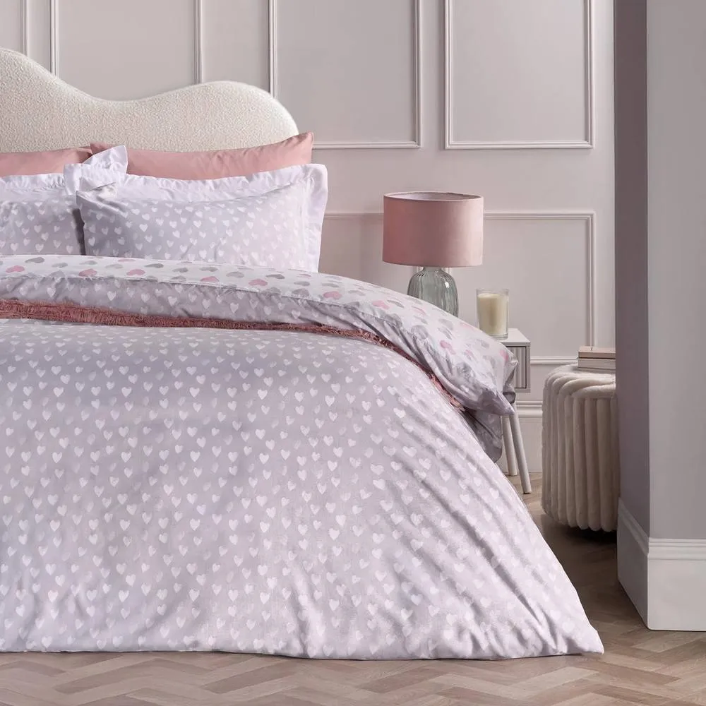 OHS Watercolour Hearts Duvet Cover Set Microfibre Bedding with Pillowcase in Light Grey