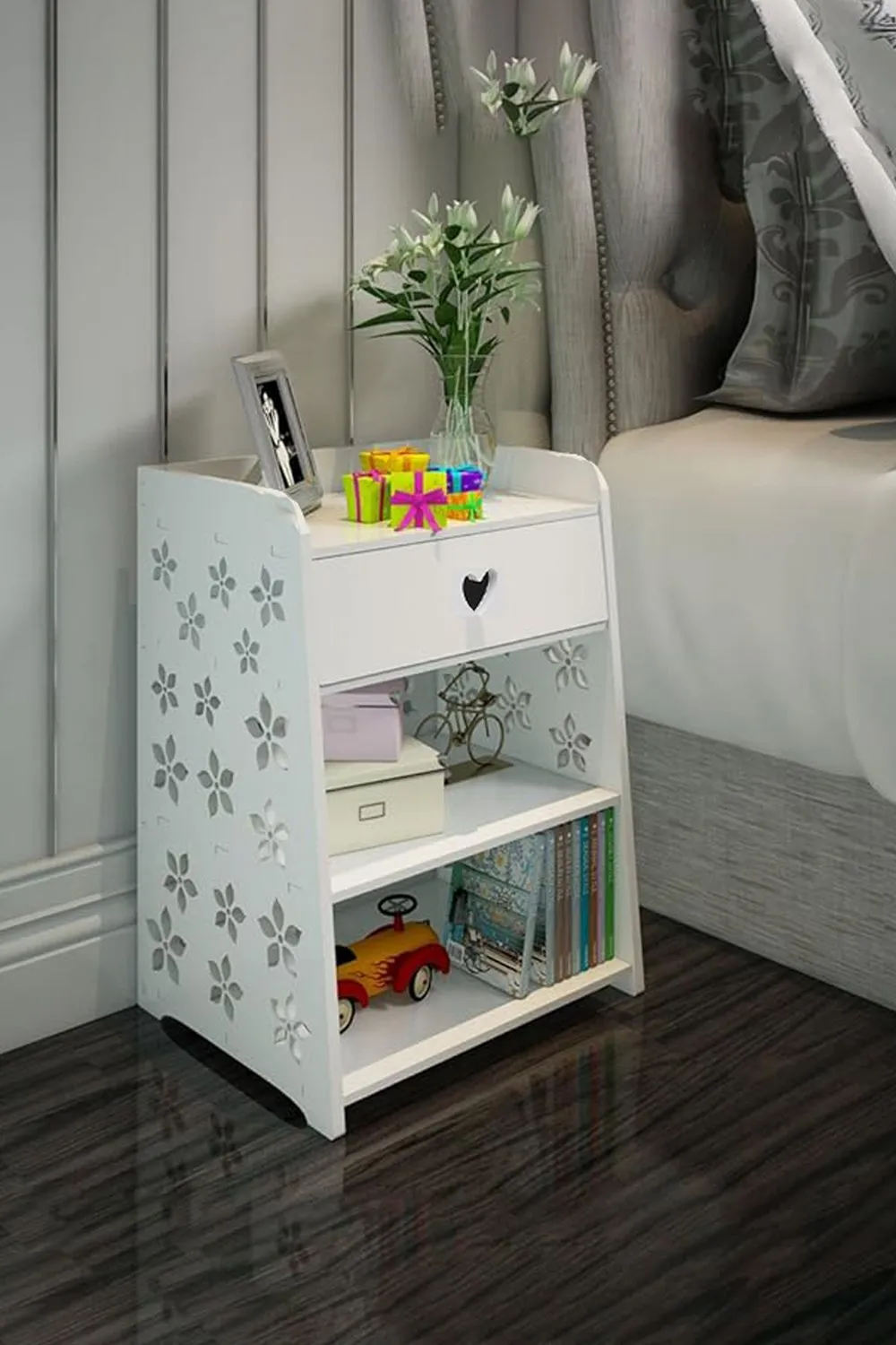 Living and Home 4-tier Hollow Carved Flower Pattern Wooden Side Table Nightstand with Drawer for Bedroom White