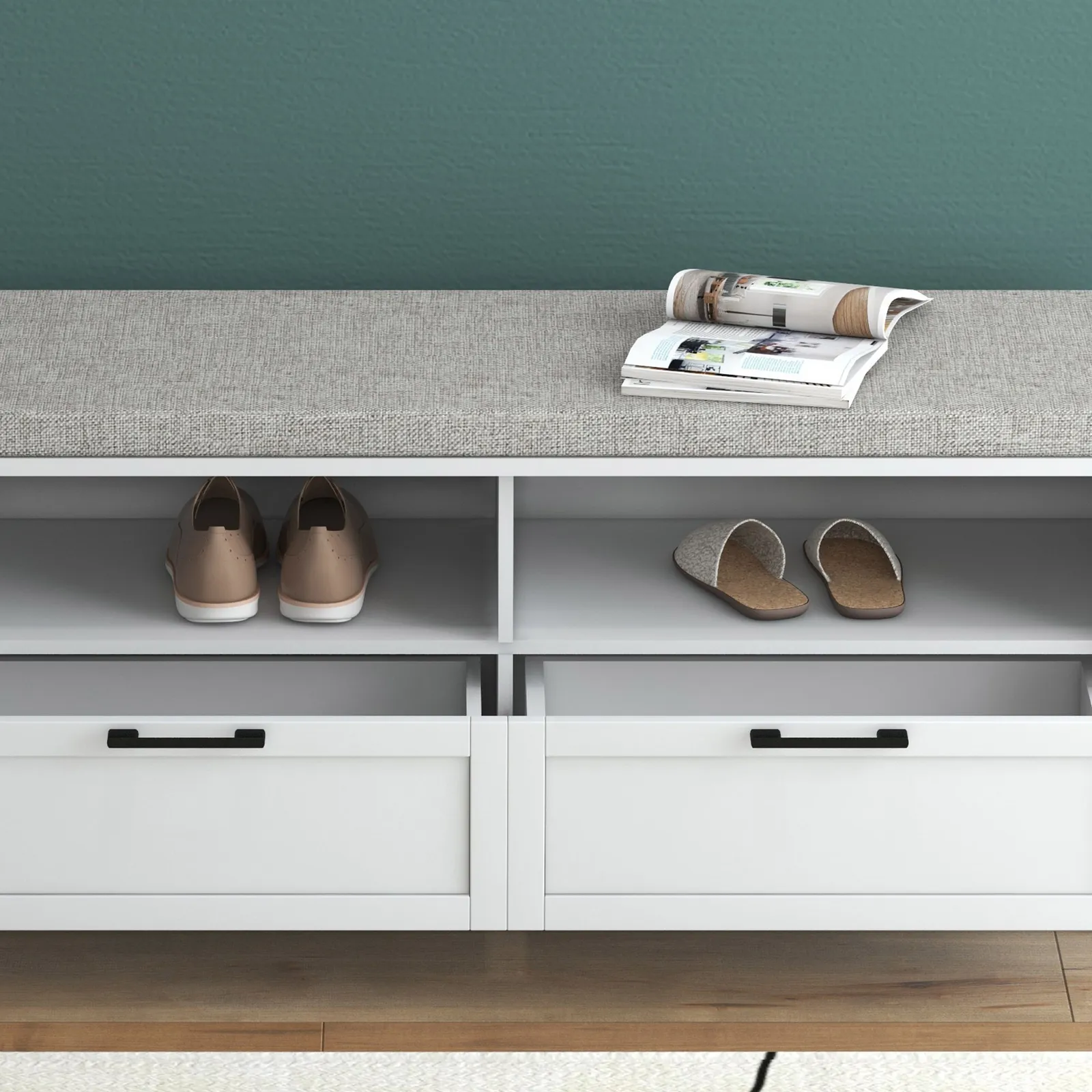 HOMCOM Shoe Storage Bench with Removable Cushion Open Compartment & Drawer in White 6