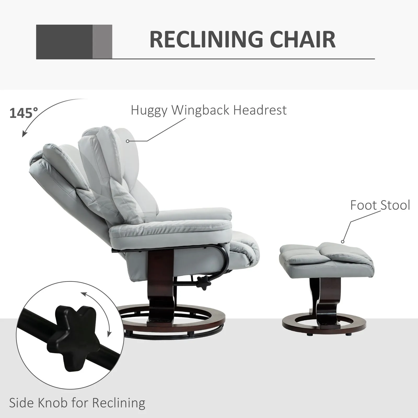 HOMCOM PU Leather Manual Reclining Armchair Footstool Padded Seat Light Grey 4