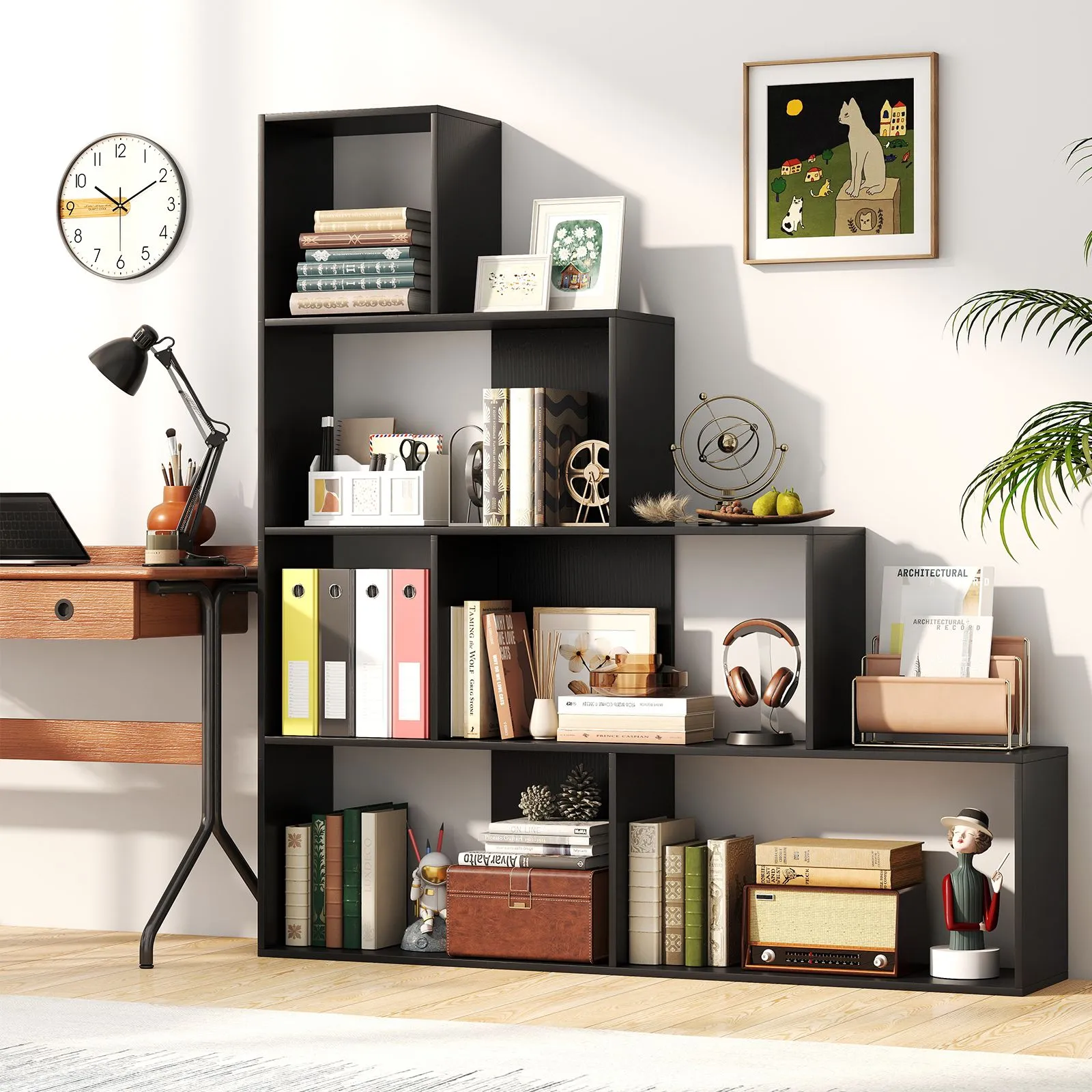 Costway 4-Tier Stepped Bookshelf Modern Ladder Bookcase w/6 Storage Cubes in Black 6
