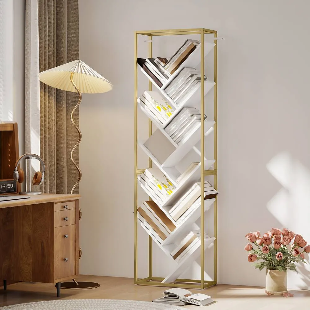 HOMCOM 10 Tier Tree Bookshelf Industrial Tall Bookcase in White