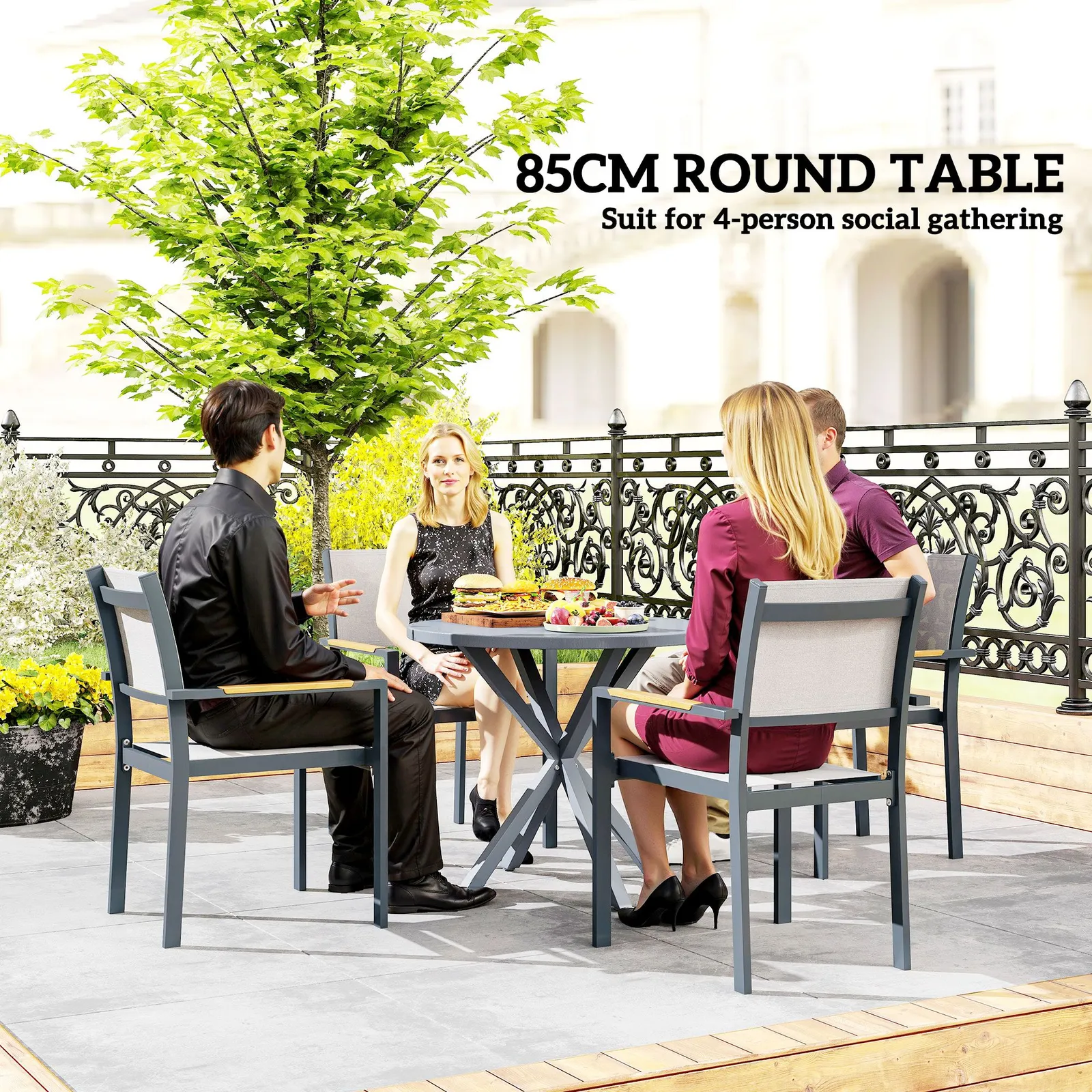 OUTSUNNY Garden Table with Steel Frame, Wood Effect Top, for Balcony, Deck in Dark Grey 4