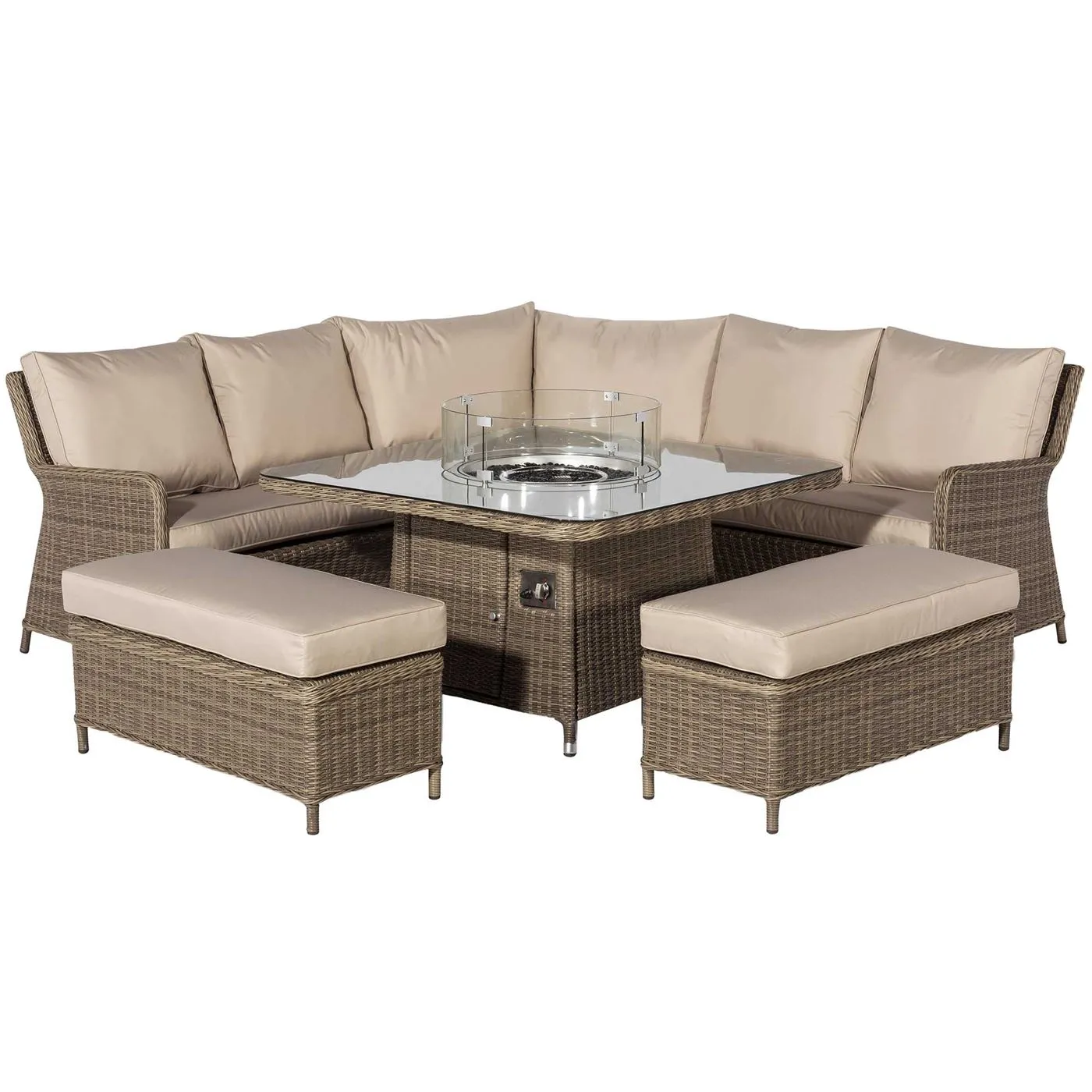 Taransay Royal Garden Corner Dining Set with Fire Pit in Natural Weave and Beige Fabric