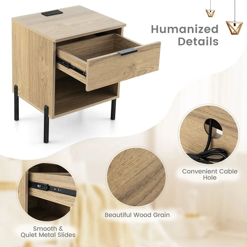 Costway Mid Century Modern Nightstand Bed Side Table w/Charging Station in Natural 6