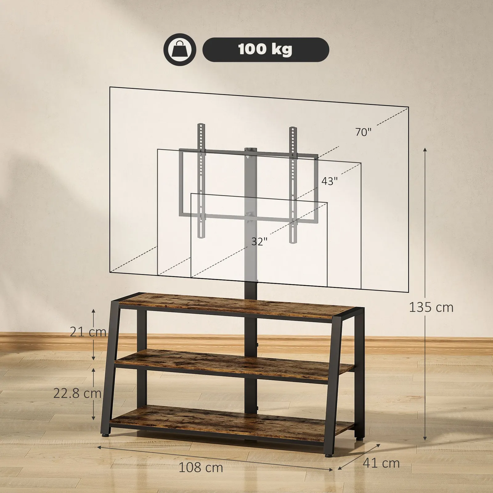 HOMCOM TV Stand Cabinet with Swivel Bracket for 32 - 70 Inch TVs in Brown 3