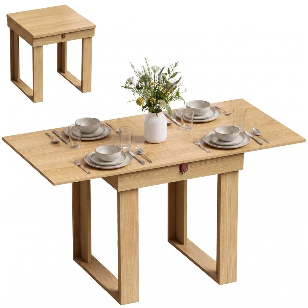 HOMCOM Modern Folding Dining Table for 4 Under-Table Storage 140cm Oak in Natural