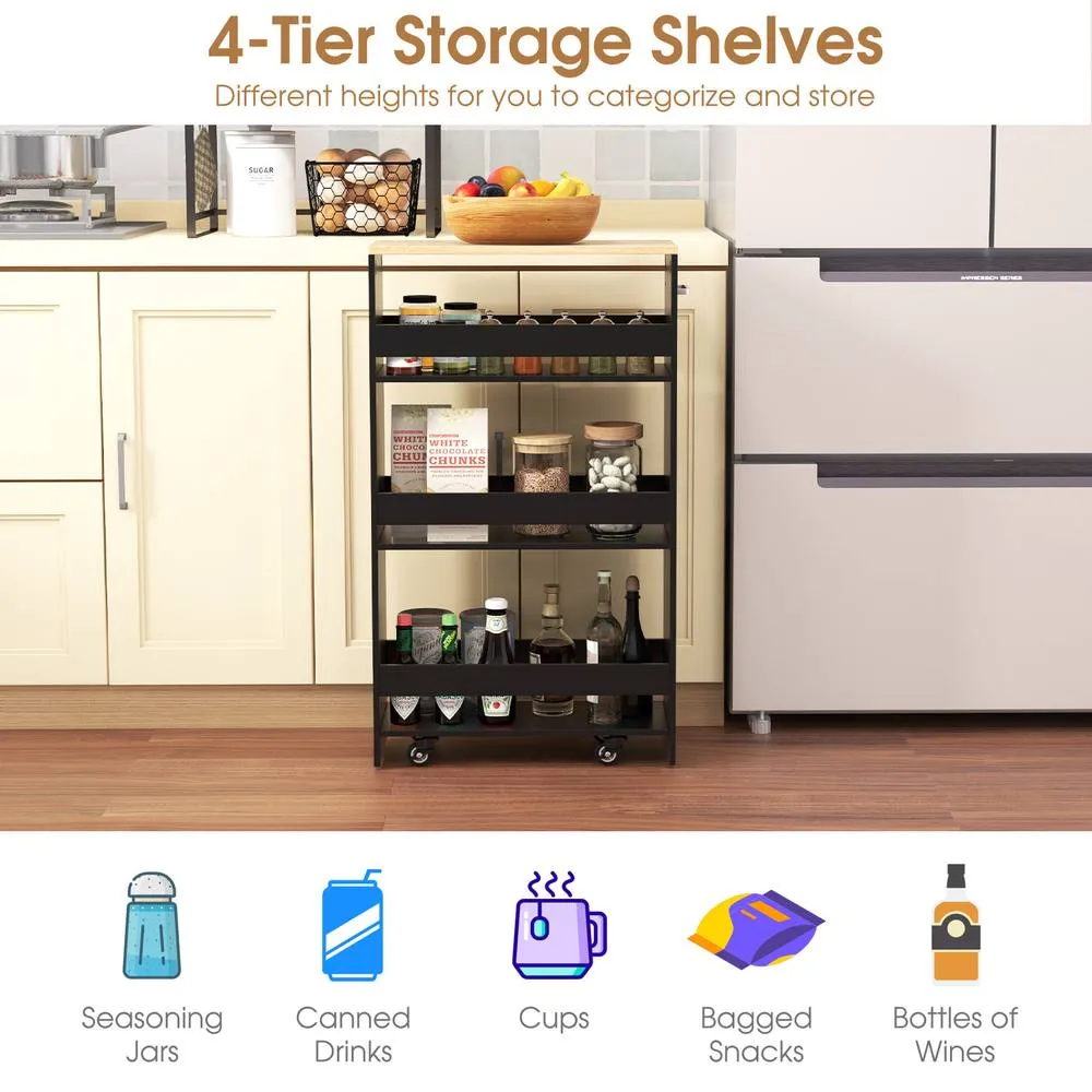 Costway 4 Tier Rolling Storage Cart 20 cm Slim Kitchen Trolley in Black 5
