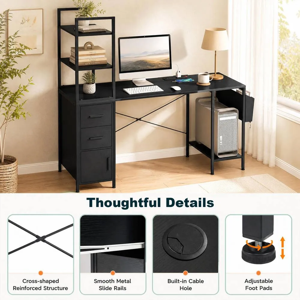 Costway Office Desk with LED Lights & Power Outlets Black Computer Desk with Shelf 5