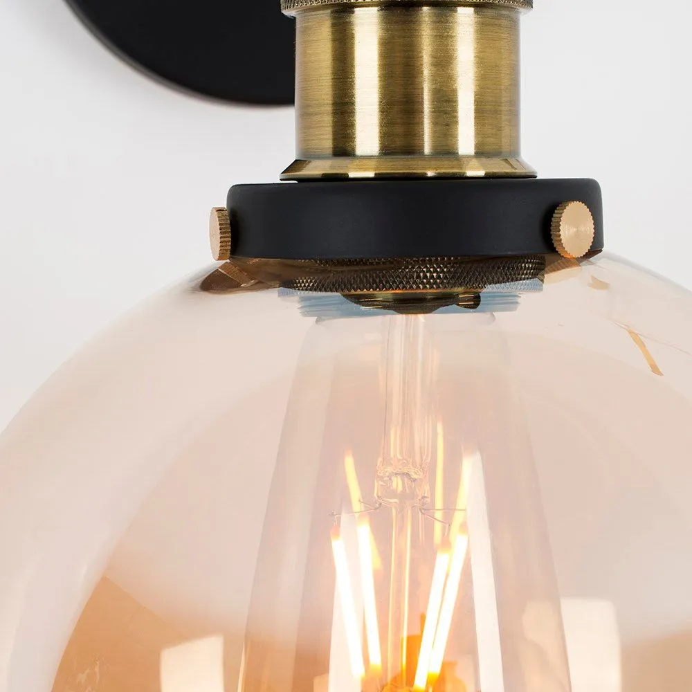 ValueLights Sheridan Pair of Industrial Clear Glass Bowl Gold Trim Black Wall Lights & LED Bulbs in Orange 2