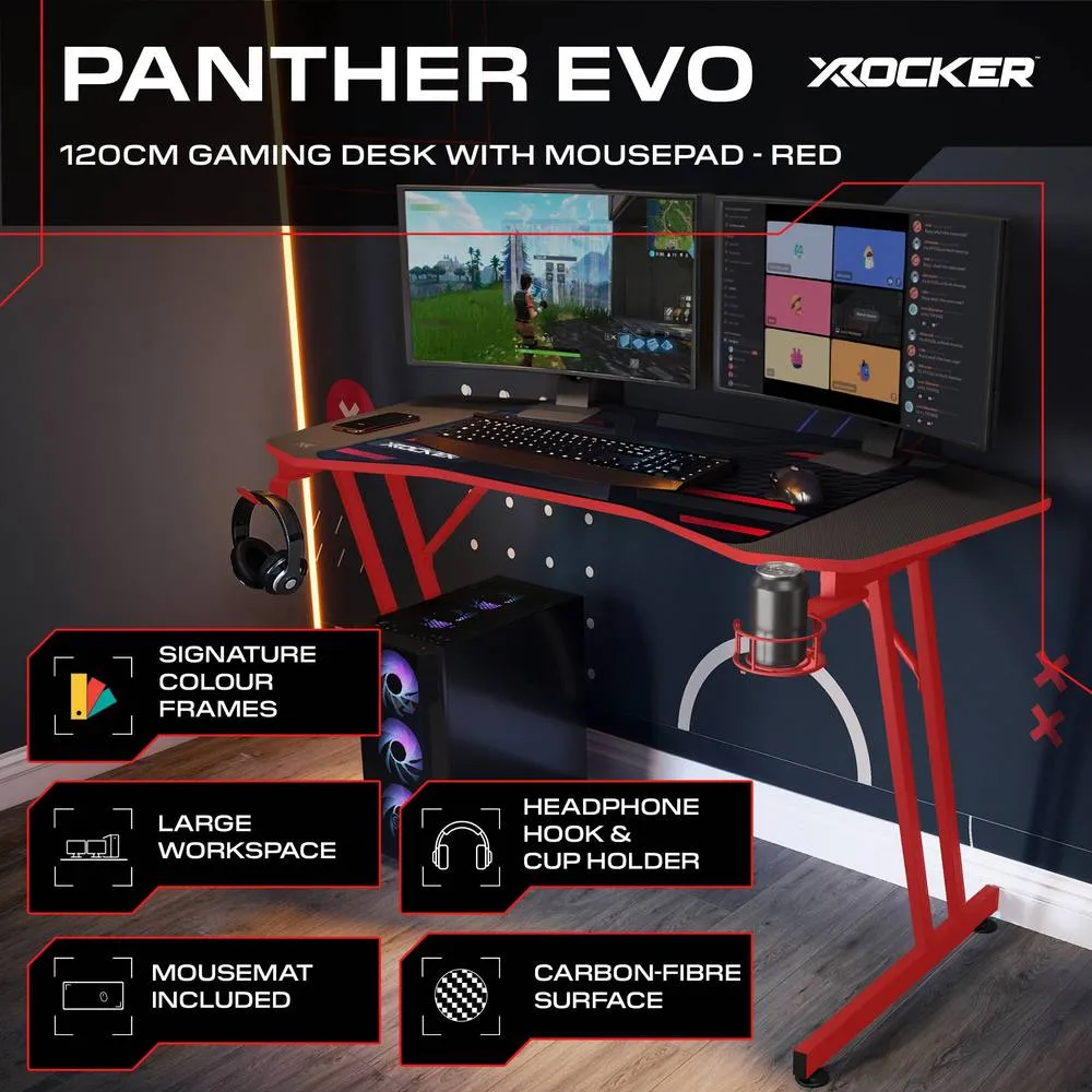 X Rocker Panther Evo 120cm Gaming Desk with Mousepad - Red 2