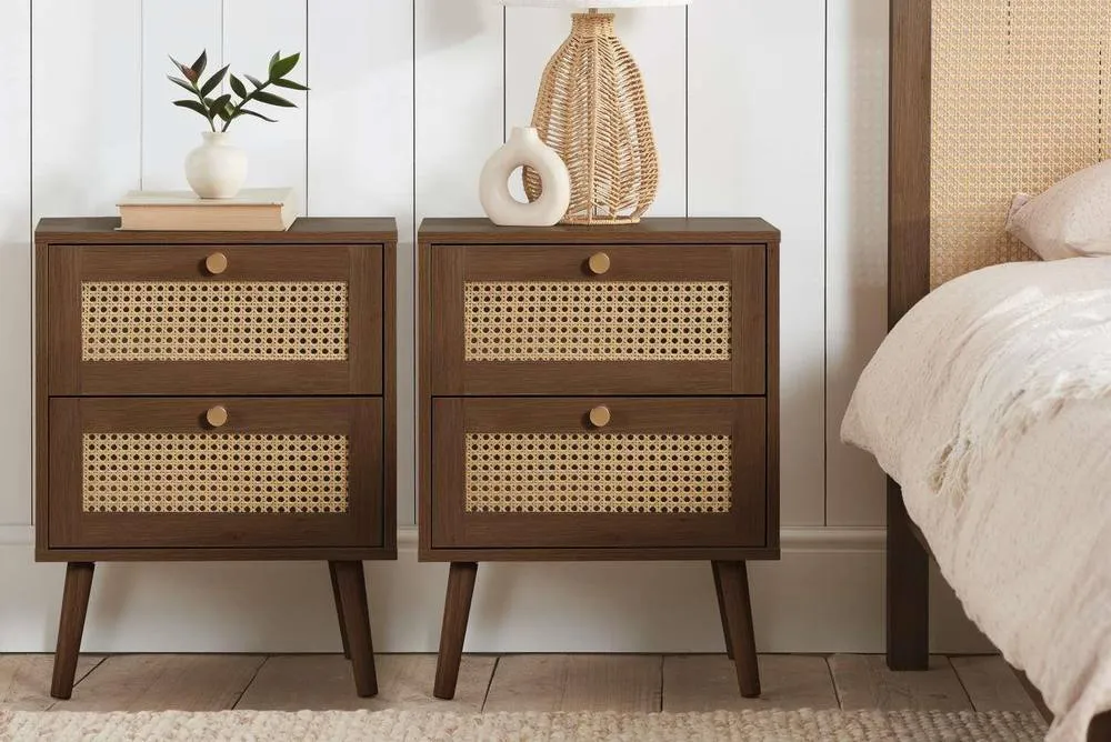 Birlea Pair of Bedside 2 Drawer Cabinet Rattan Croxley Side Table Walnut in Brown