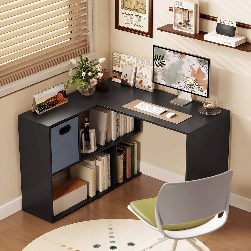 HOMCOM 110 cm L-Shaped Desk, Small Computer Desk with Fabric Drawer, Black 2