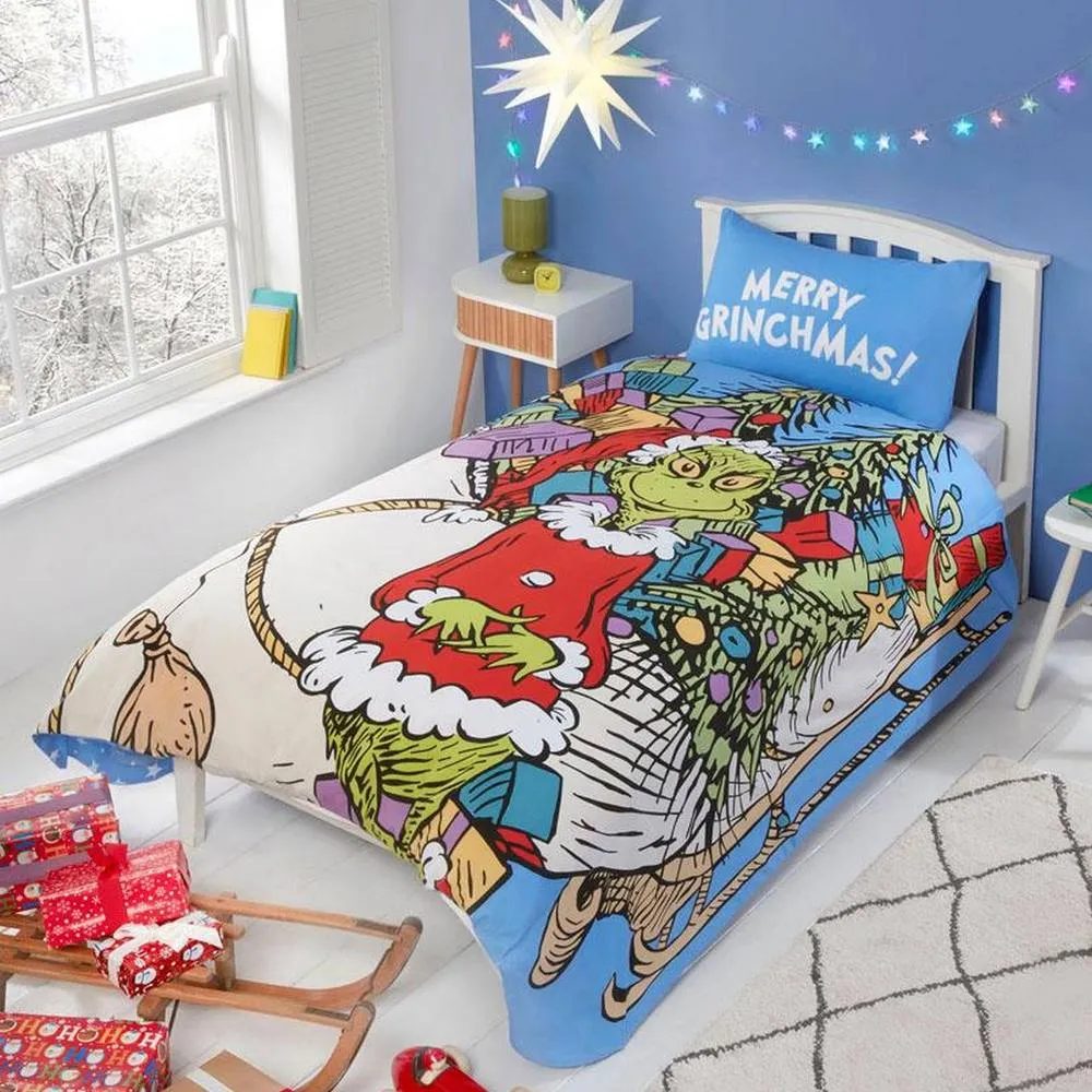 Grinch Sleigh Shaped Blue Christmas Duvet Cover Set Single Bedding Set