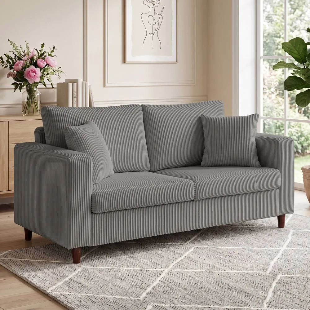 HOMCOM Loveseat Sofa with Wide Seat, Corduroy Upholstered, Light Grey