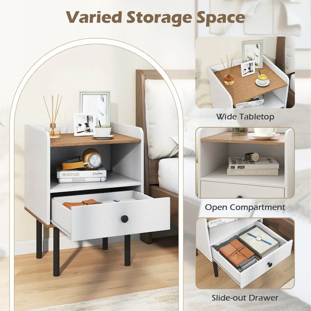 Costway 1 Pcs Nightstand Bedside Table with Drawer & Open Storage Shelf-White in White 3