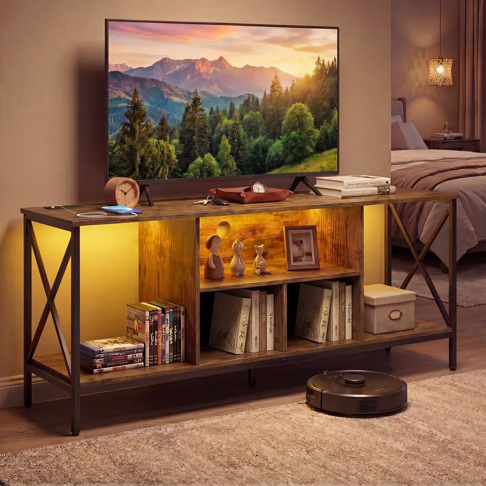 Costway TV Stand LED Lights for 65 Inch TV Power Outlets in Brown 3
