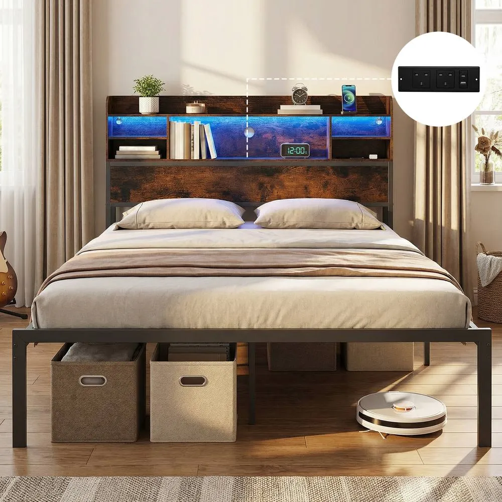 Costway King Size Bed Frame w/LED Lights&Charging Station Metal Platform Bed in Brown 3