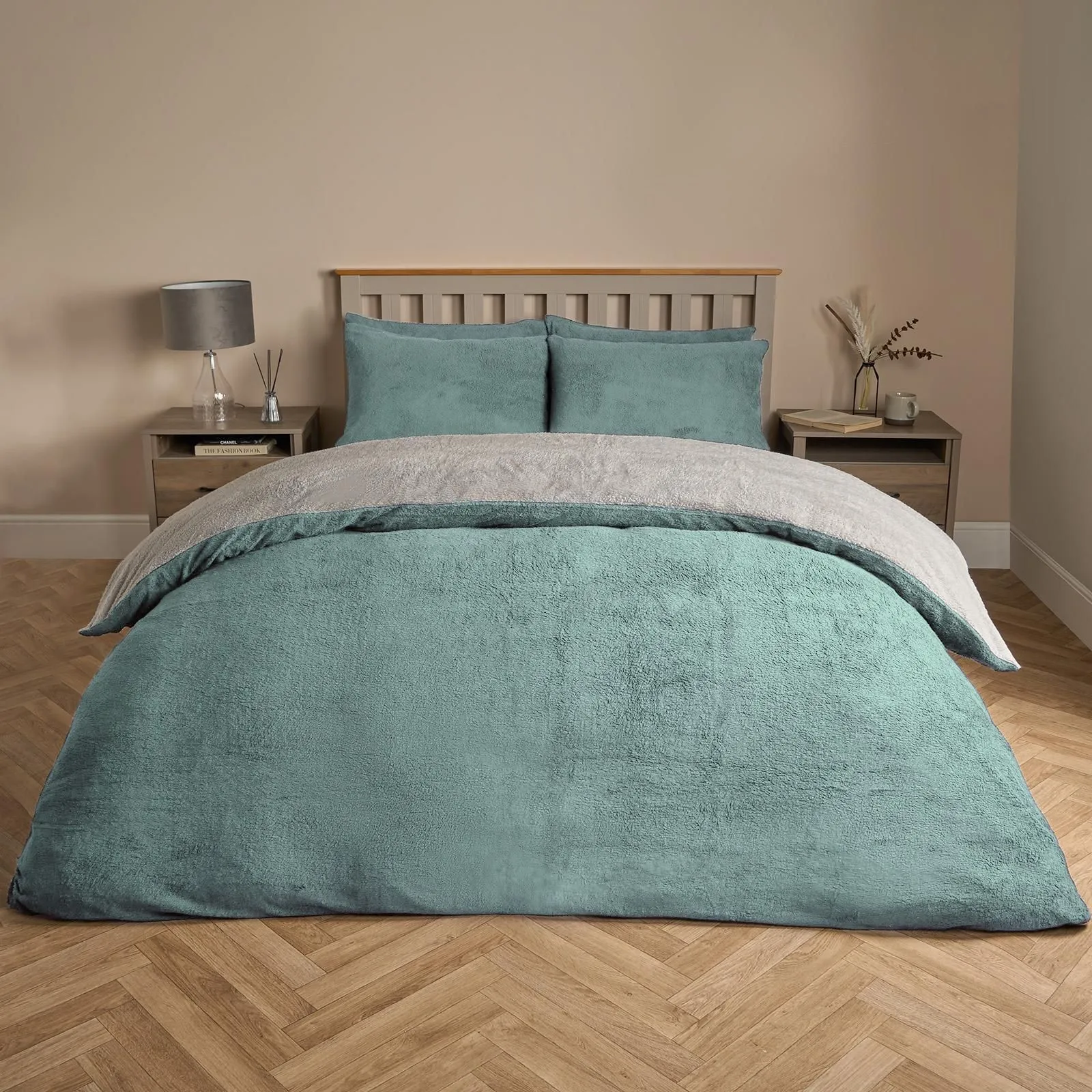 OHS Reversible Teddy Duvet Cover with Pillowcase in Duck Egg Blue