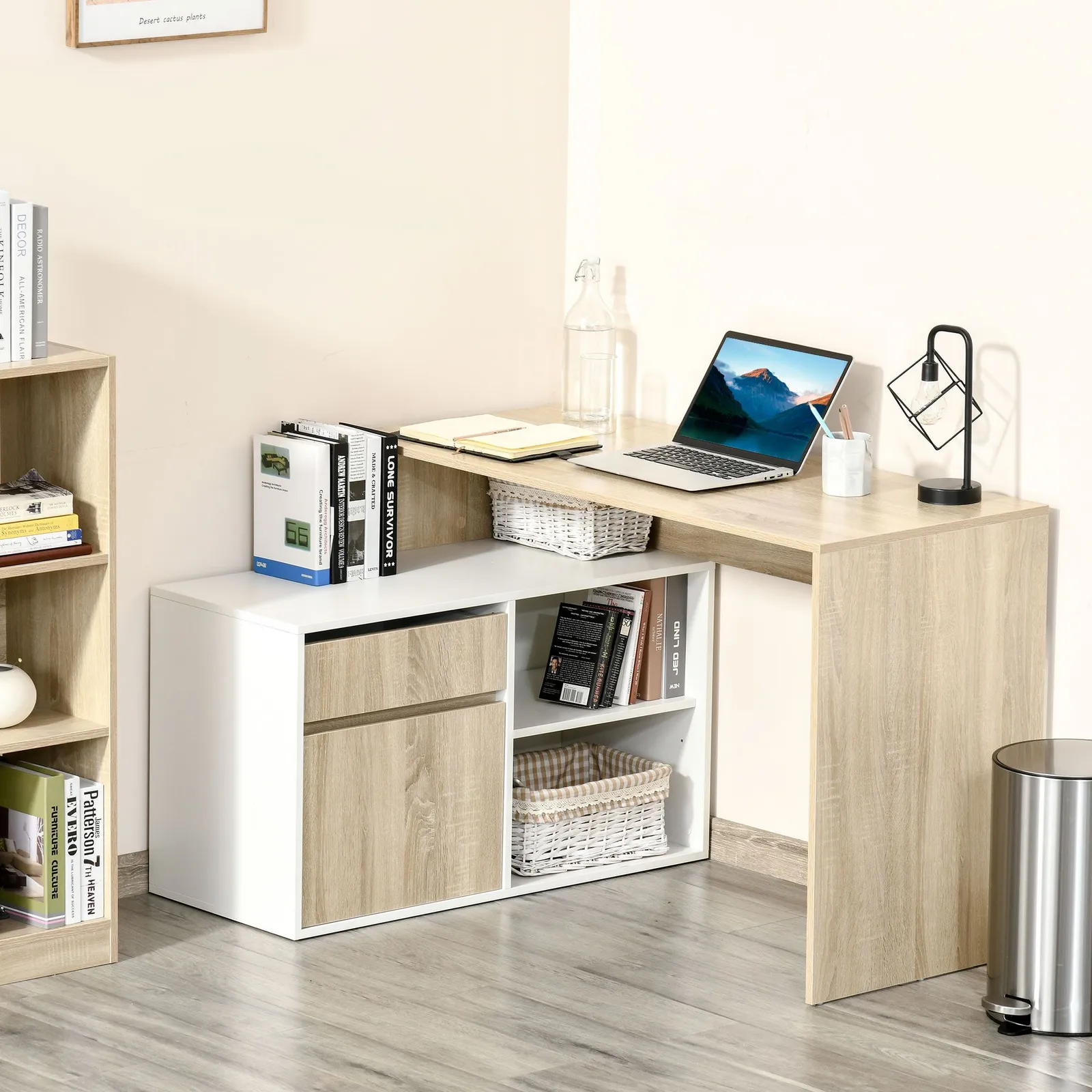 HOMCOM L-Shaped Corner Computer Desk Study Table PC Work with Storage Shelf in White