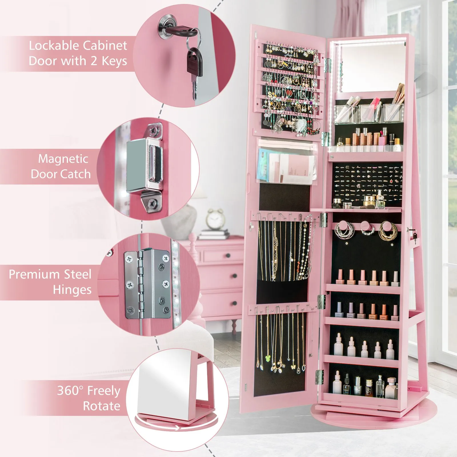 Costway 360° Rotating Jewelry Armoire Standing Jewelry & Makeup Cabinet in Pink 6