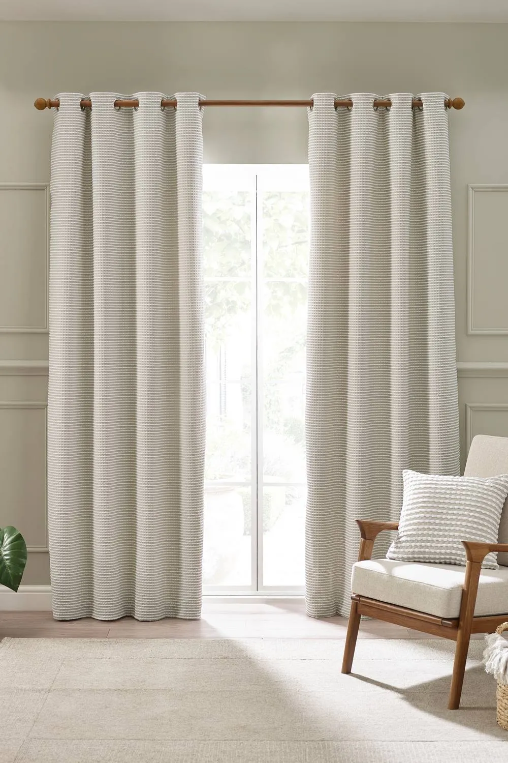 Catherine Lansfield 'Stab Stitch' Lined Eyelet Curtains in Natural 1