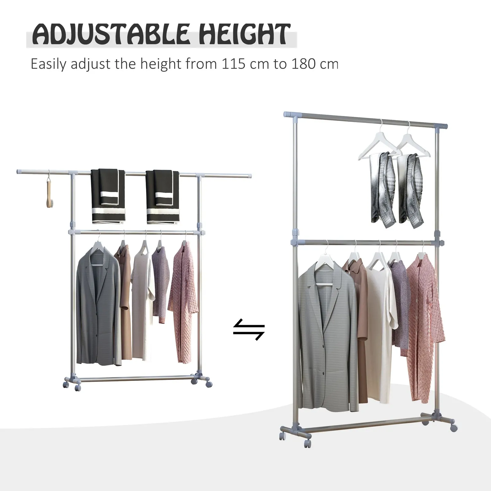 HOMCOM Heavy Duty Adjustable Clothes Hanger Storage Clots Rail Garments Shelf in Grey 4