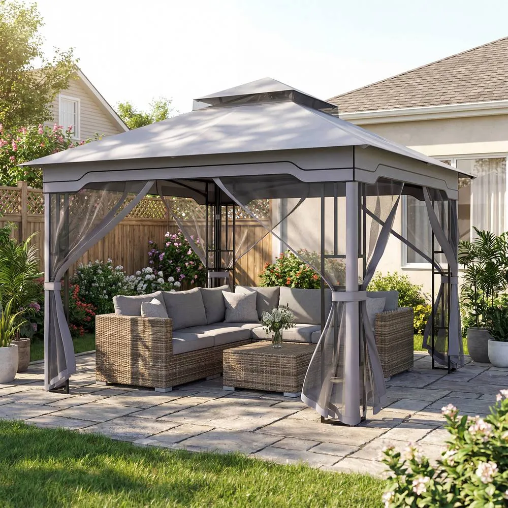 Costway 3.3 x 3.3 M Double Roof Soft Top Patio Gazebo w/ Zippered Mesh Netting in Grey 5