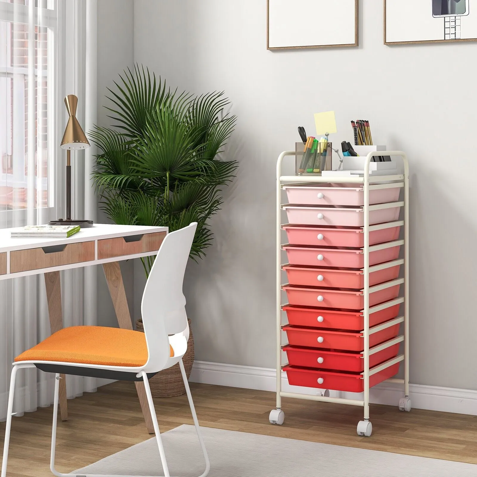 Costway 10 Drawers Storage Trolley Mobile Rolling Utility Cart Home Office Organizer in Pink 3