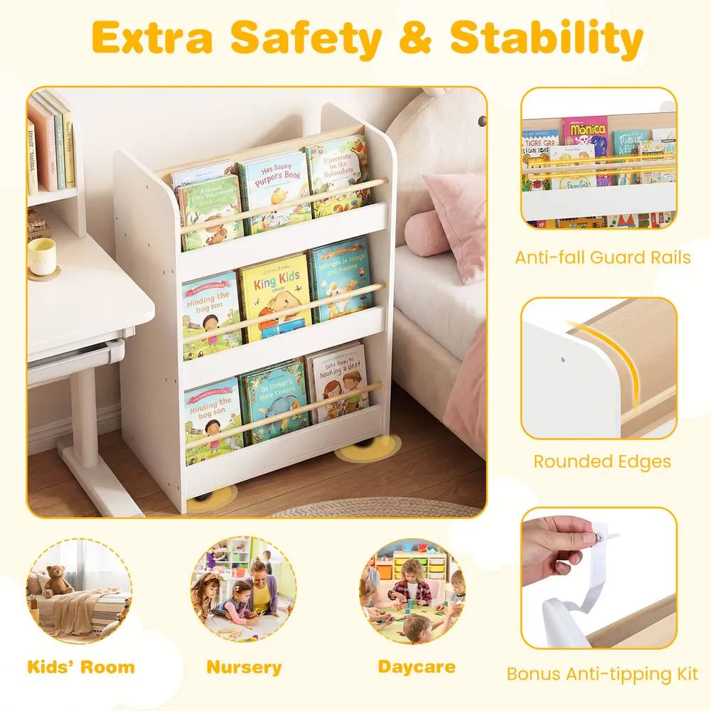 Costway 3-Tier Bookshelf w/ Wheels Double-sided Book Display & Storage Cart in White 6