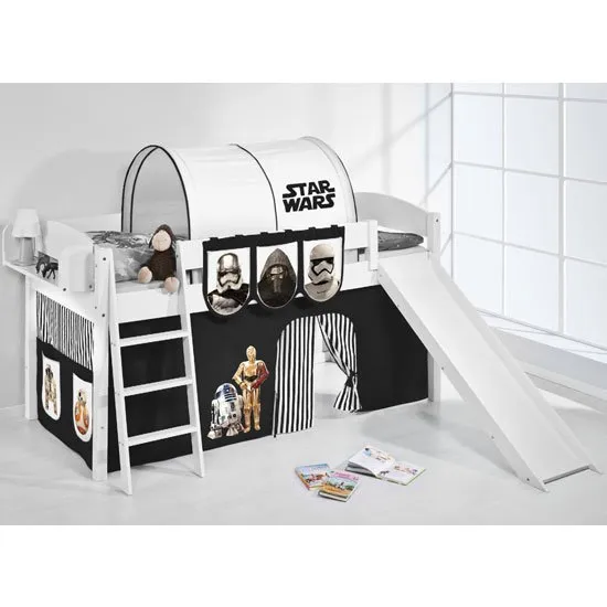 Lilla Slide Children Bed In White With Star Wars Black Curtains