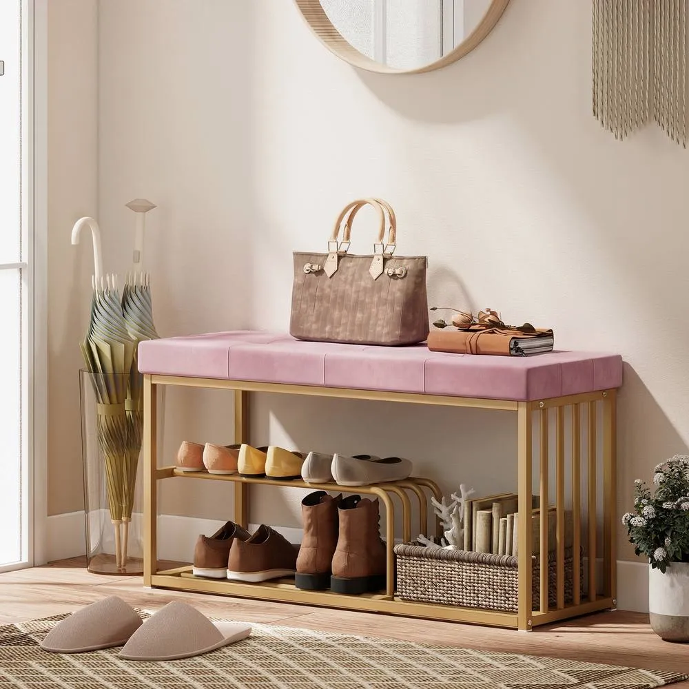 HOMCOM Shoe Storage Bench with Seat Cushion Tufted Shoe Rack Bench in Pink 1