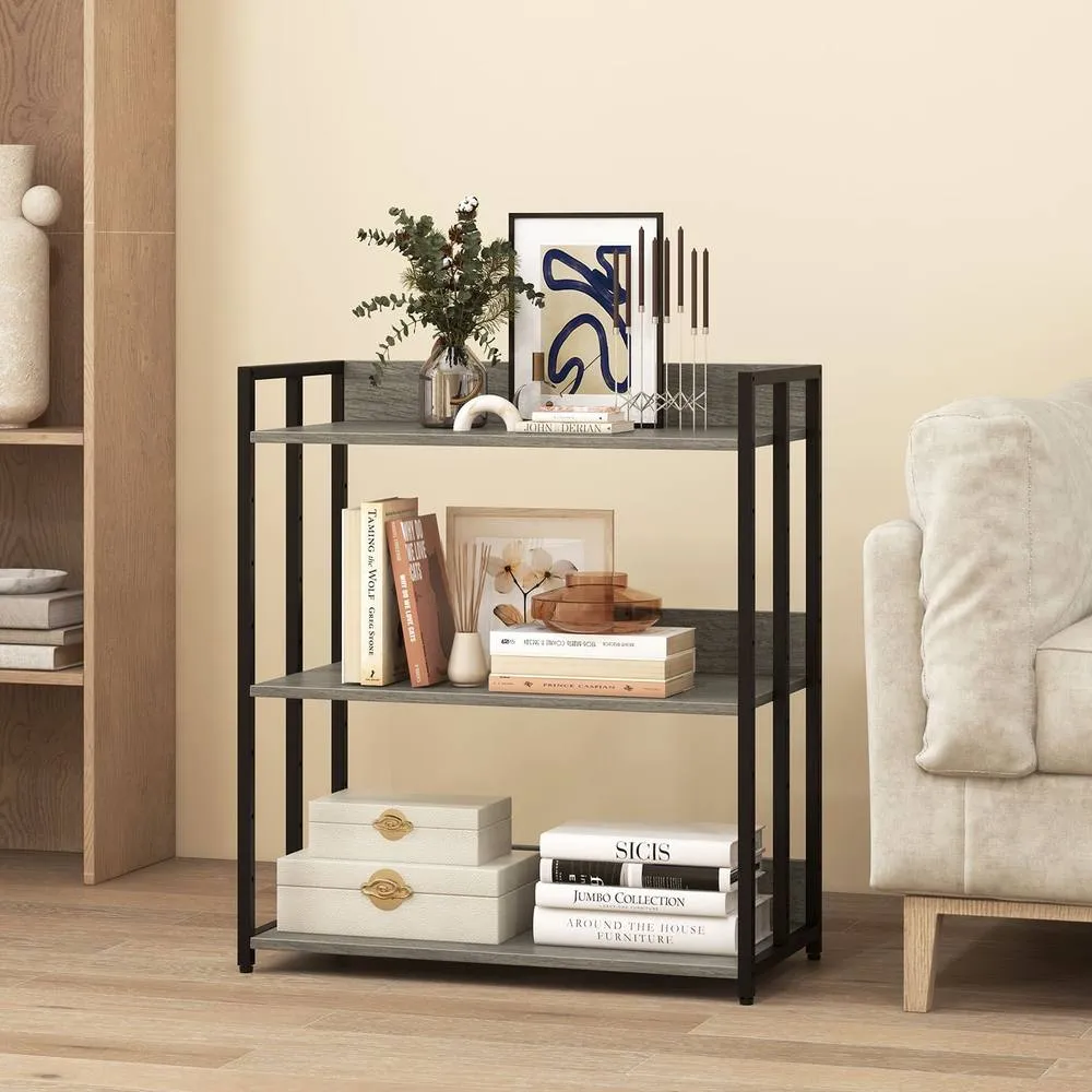 Costway 3-Tier Bookshelf Industrial Corner Bookcase w/ Adjustable Shelves in Grey 3