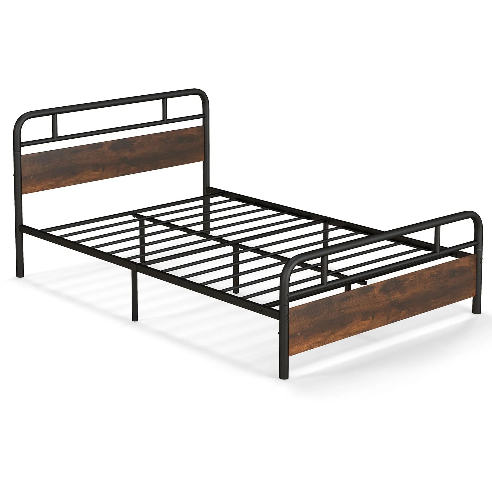 Costway Double Size Bed Frame Platform Metal Slats Support Bed W/ Industrial Headboard in Black
