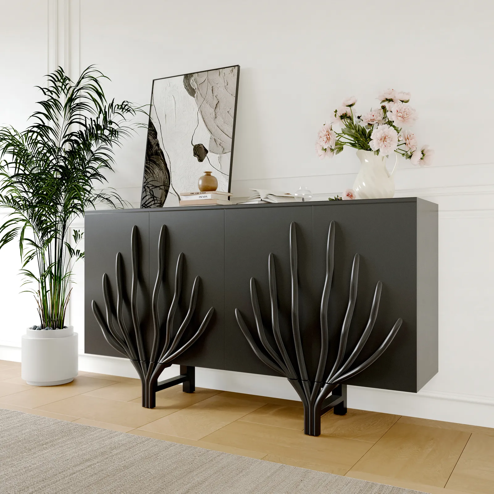 160 cm Sideboard Branch Design Mid Century Modern Buffet with 2 Doors 2 Shelves