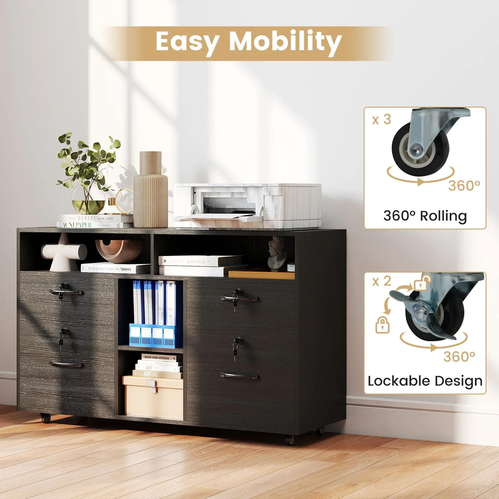 Costway File Cabinet Mobile Lateral Filing Storage Organizer with Lock in Black 6