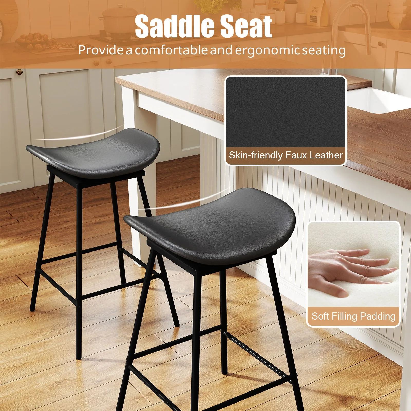 Costway Swivel Barstools Set of 2 Faux Leather Upholstered Backless Bar in Black 3
