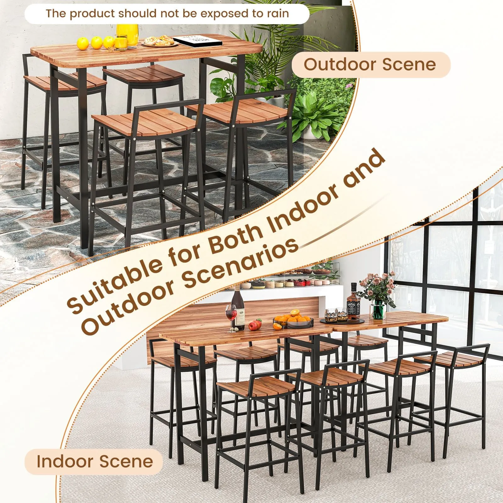 Costway 5Pcs Acacia Wood Bar Table Set Outdoor Bar Height Table & Chairs in Natural 6