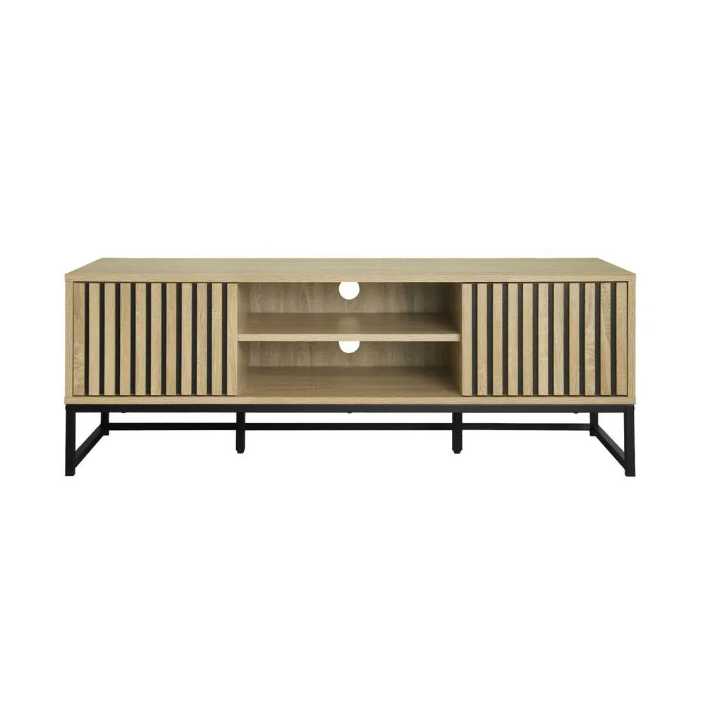 sweeek 120cm TV unit grooved wooden effect & metal 2 doors in Beige 5