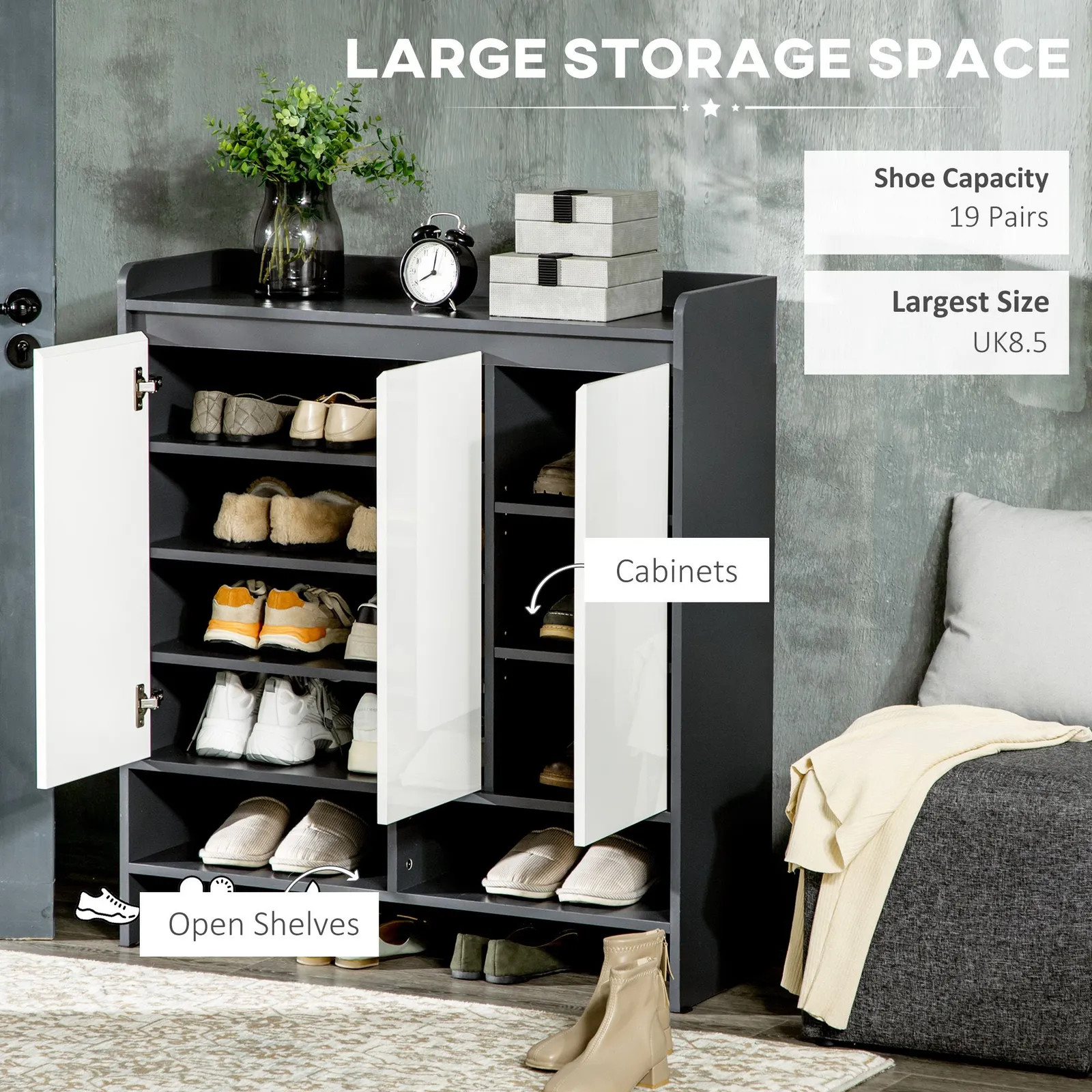 HOMCOM Storage Cabinet with High Gloss White Doors for 19 Pairs of Shoes in Grey 4
